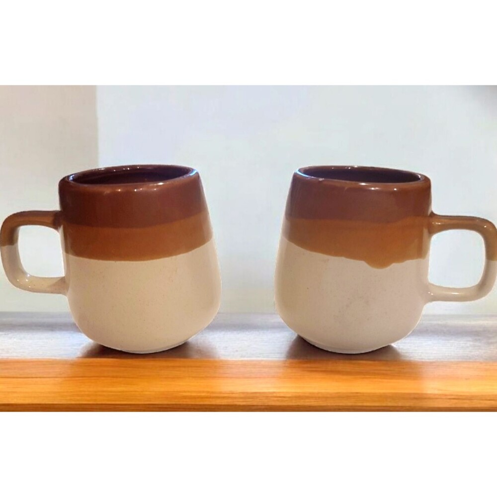 Stoneware Tri-Color Taiwan Brown Mugs Pair  10 Ounce Coffee Tea Mugs Mid Century